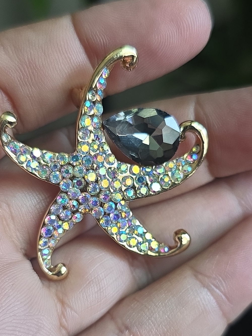 14k Gold Plated Starfish Crystal Brooch with Teardrop Smoke Gem